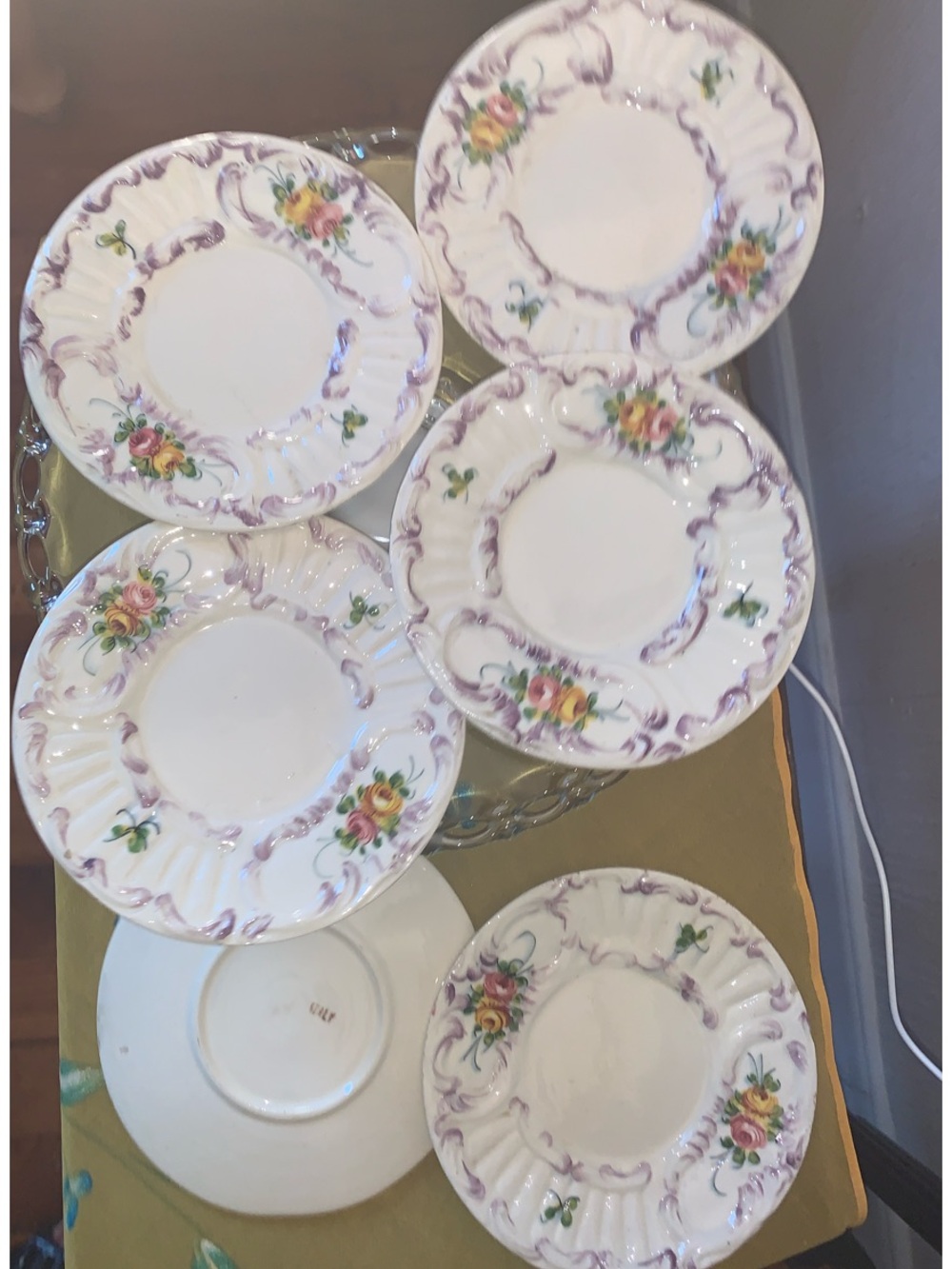ITALY marked Floral Dessert Plate Set in Purple and Yellow – Old - S/6